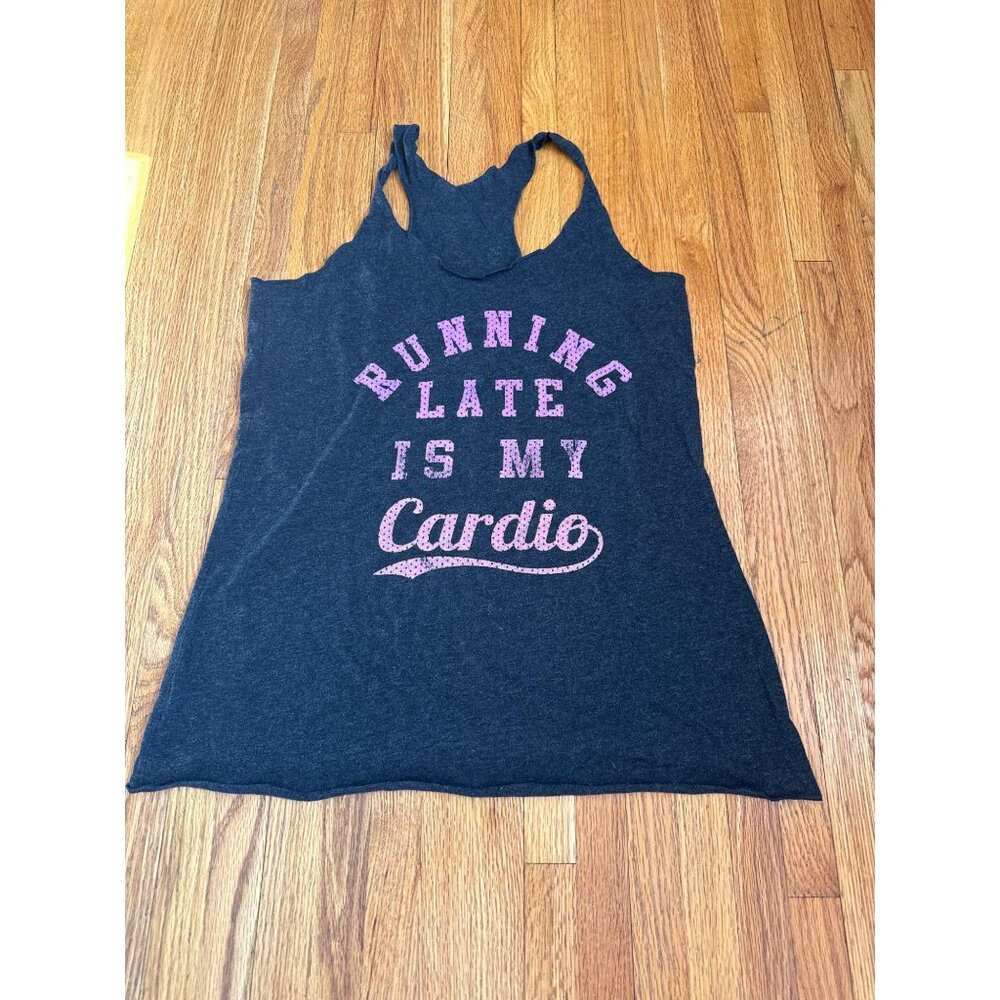 Running Late Is My Cardio Racerback Tank Top Charcoal Gray Pink Graphic Womens